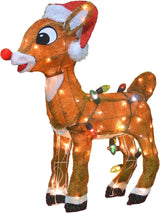 This image shows the wire Rudolph the red-nosed reindeer decoration on a white background. Rudolph is wearing a red and white Santa hat and has a string of multi-colored lights draped over his back.