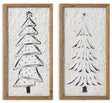 Framed wooden hanging decoration. White textured background accents the raised Christmas tree in a simple, stylized design.
