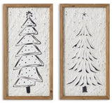 Framed wooden hanging decoration. White textured background accents the raised Christmas tree in a simple, stylized design.
