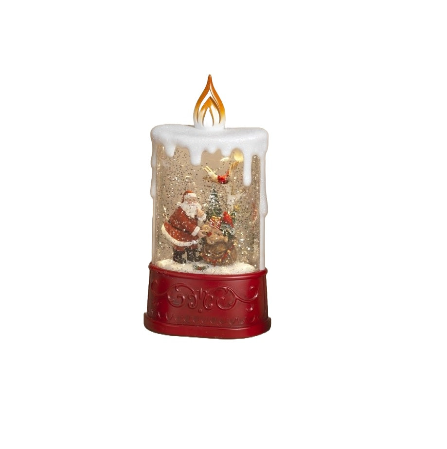 This lantern features Santa unloading gifts from his bag. 