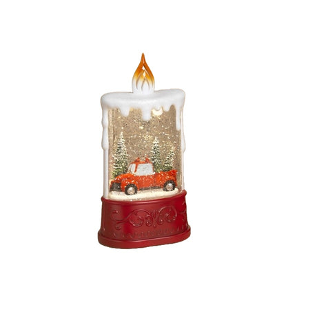 This lantern features a red truck surrounded by trees.