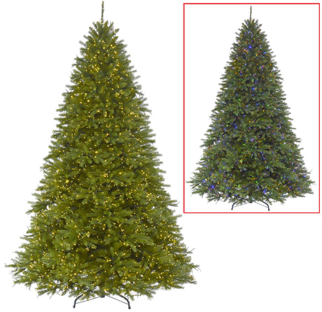 Artificial tree pre-lit with dual LED lights. Lights change from warm white to multi-colored lights.