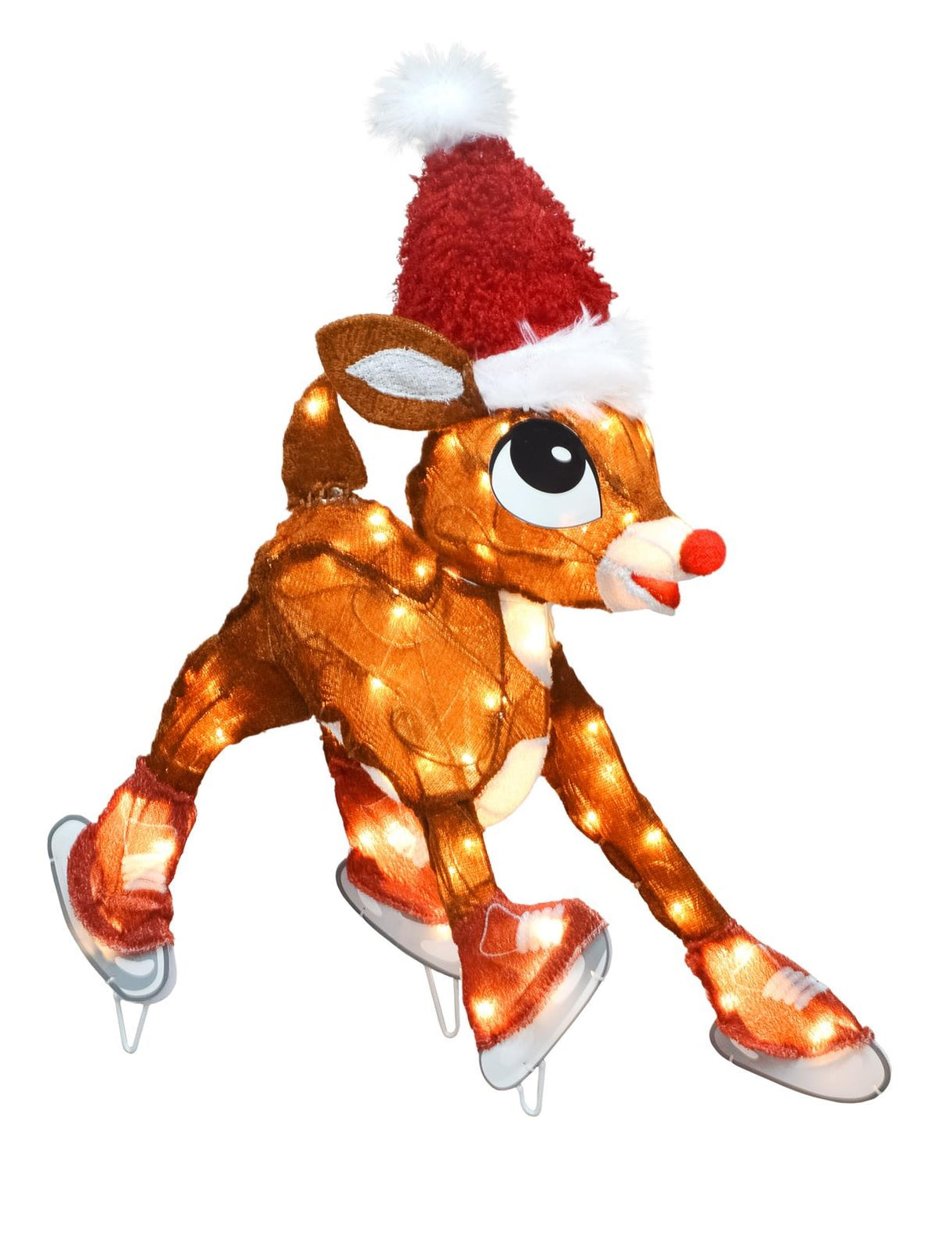 3-dimensional tinsel sculpture shaped like Rudolph the Red-Nosed Reindeer and pre-lit with 70 white lights. He's wearing a Santa hat and wearing red ice skates.