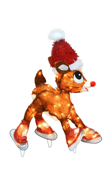 3-dimensional tinsel sculpture shaped like Rudolph the Red-Nosed Reindeer and pre-lit with 70 white lights. He's wearing a Santa hat and wearing red ice skates.