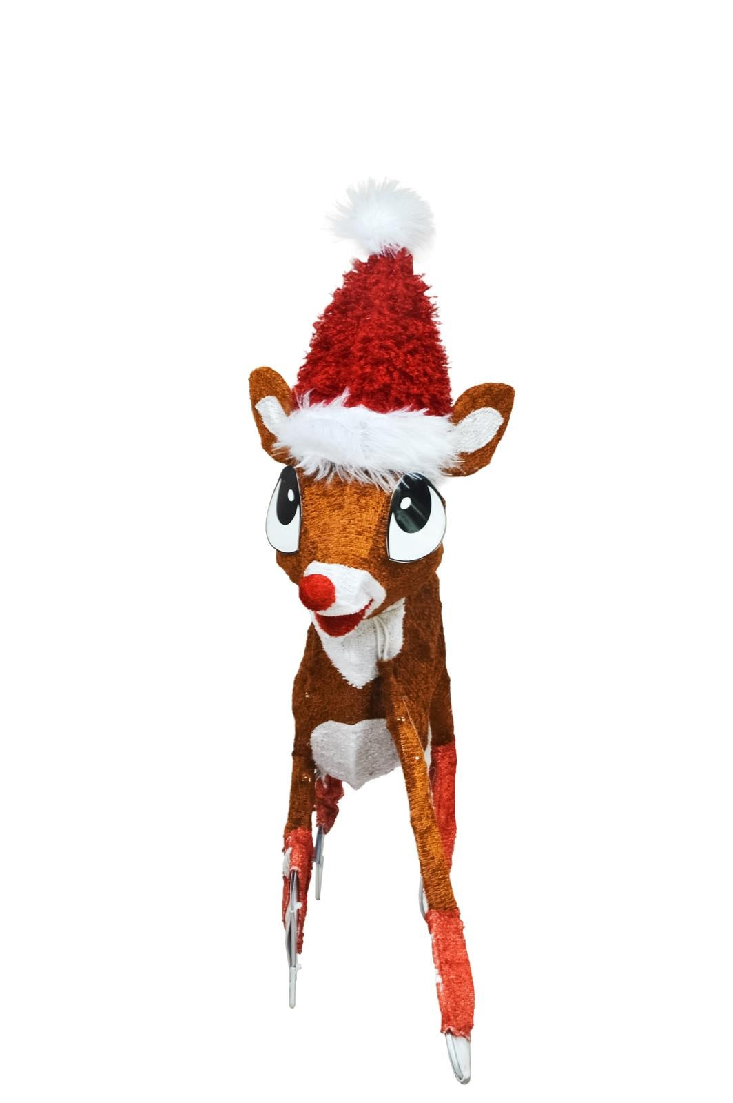 3-dimensional tinsel sculpture shaped like Rudolph the Red-Nosed Reindeer and pre-lit with 70 white lights. He's wearing a Santa hat and wearing red ice skates.
