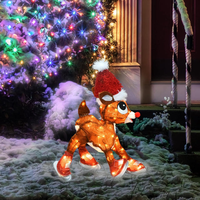 3-dimensional tinsel sculpture shaped like Rudolph the Red-Nosed Reindeer and pre-lit with 70 white lights. He's wearing a Santa hat and wearing red ice skates.