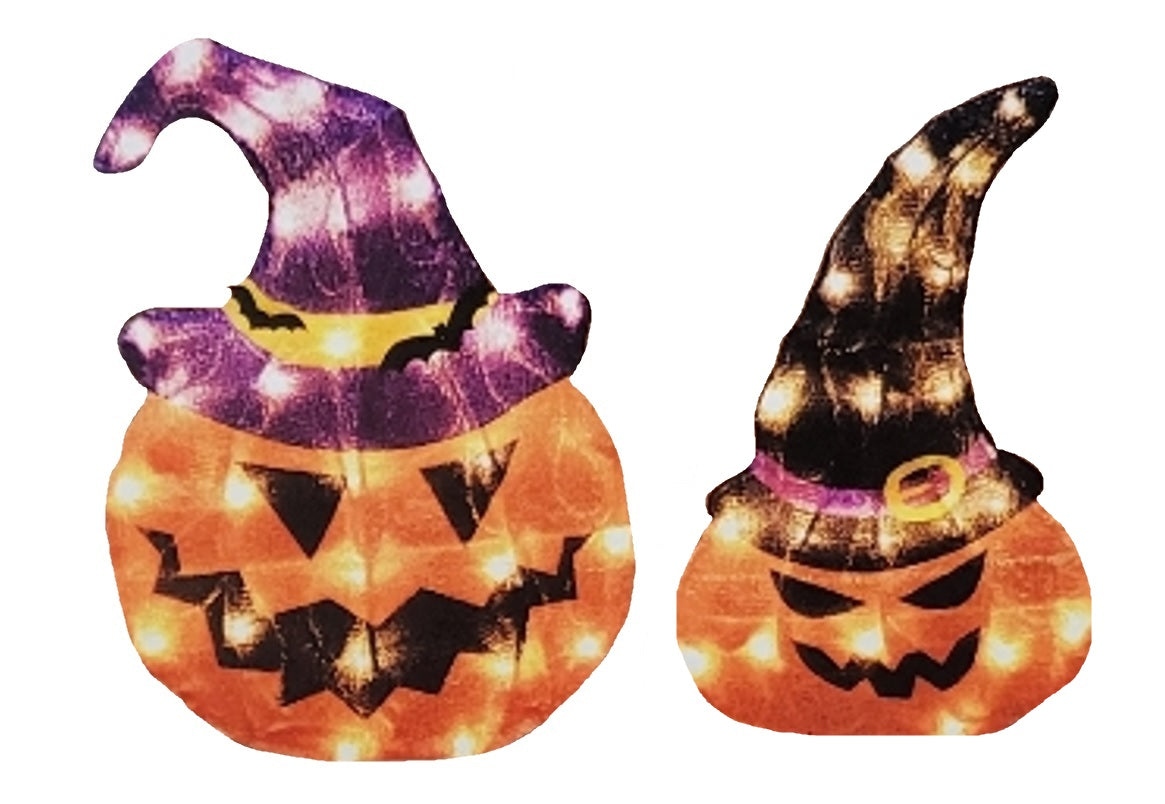 Set of 2 lighted jack-o-lantern decorations. One is wearing a purple witch hat with bats on it. The other is wearing a black witch hat.