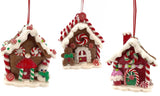 Ornaments shaped like gingerbread houses decorated with sugar, frosting, peppermint candies, gummy candies and candy canes.