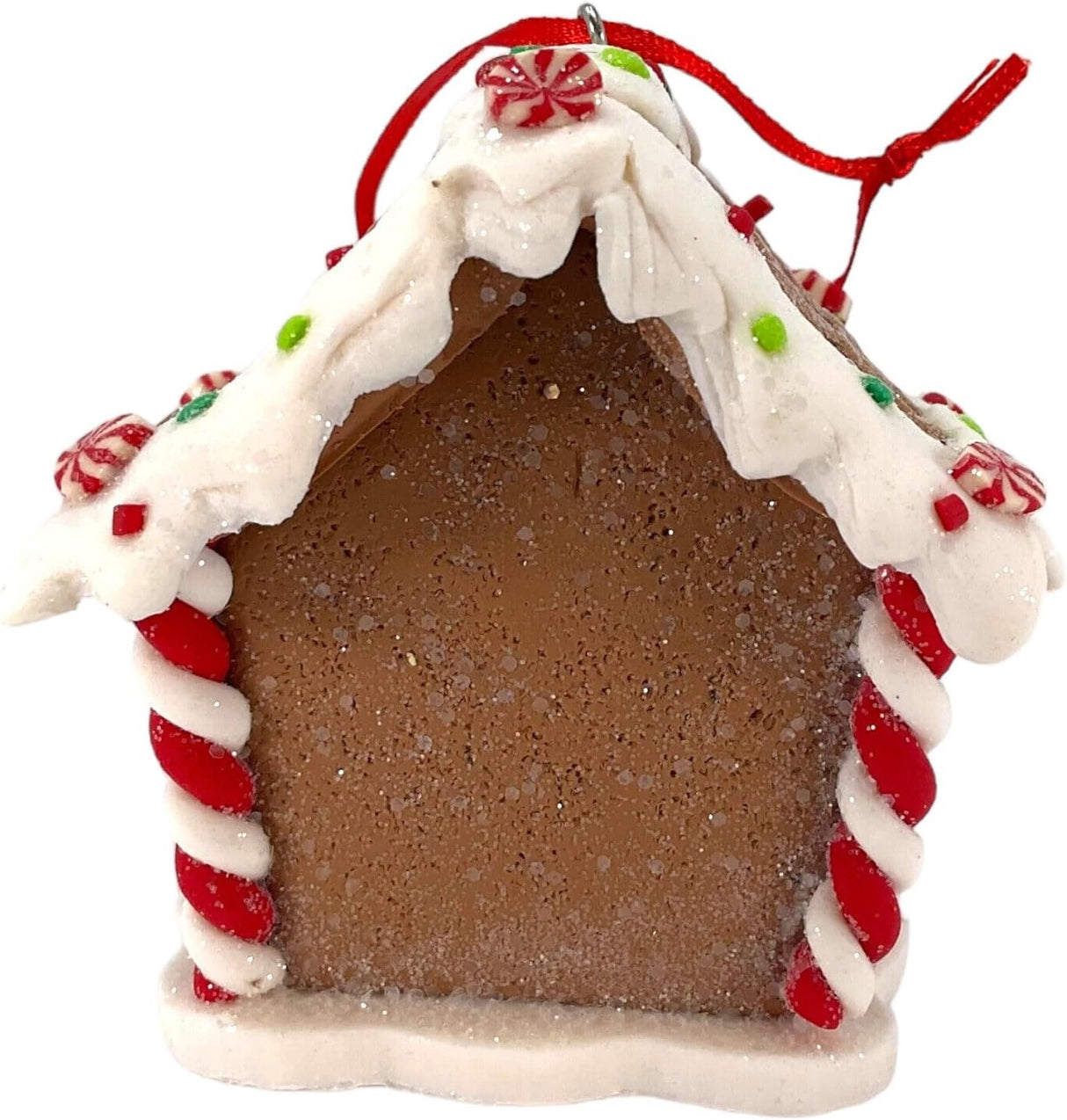 Ornaments shaped like gingerbread houses decorated with sugar, frosting, peppermint candies, gummy candies and candy canes.
