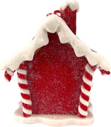 Ornaments shaped like gingerbread houses decorated with sugar, frosting, peppermint candies, gummy candies and candy canes.