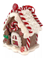 Ornaments shaped like gingerbread houses decorated with sugar, frosting, peppermint candies, gummy candies and candy canes. This one has a gingerbread man and a peppermint candy accent.
