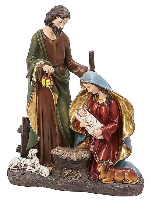 Lighted Nativity Scene featuring Mary, Joseph and Jesus surrounded by sleeping barn animals. Joseph is holding a lantern that lights up.