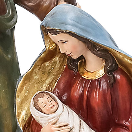 Lighted Nativity Scene featuring Mary, Joseph and Jesus surrounded by sleeping barn animals. Joseph is holding a lantern that lights up.