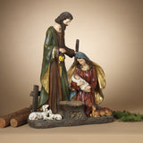 Lighted Nativity Scene featuring Mary, Joseph and Jesus surrounded by sleeping barn animals. Joseph is holding a lantern that lights up.