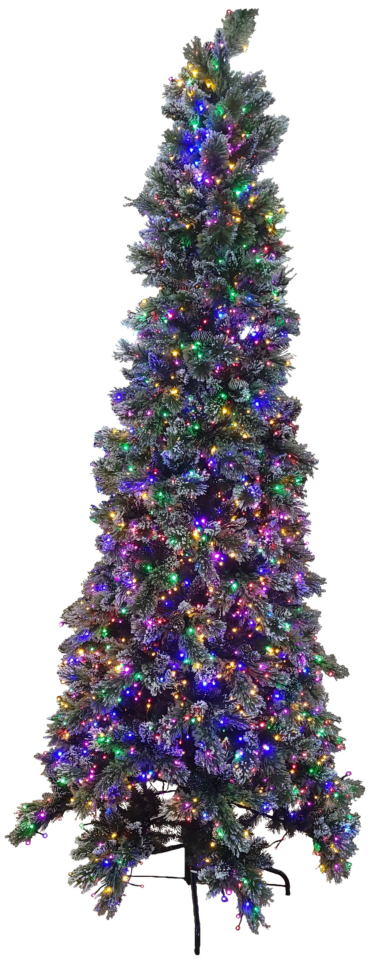 This image shows the 9 ft. slim Crystal Elegance artificial tree on a white background. There are white flocked branches and pine cones. The lights are on the multi-colored setting.