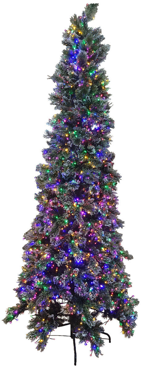 This image shows the 9 ft. slim Crystal Elegance artificial tree on a white background. There are white flocked branches and pine cones. The lights are on the multi-colored setting.