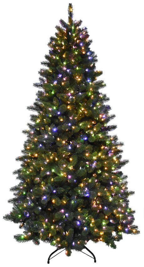 Artificial tree pre-lit with multi-colored lights.