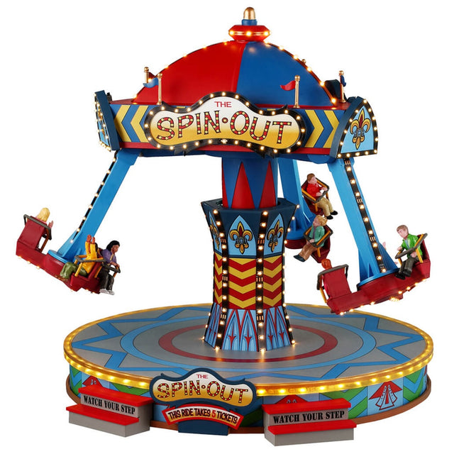 Plastic, animated village accent for a Lemax Carnival display. Designed to look like a colorful carnival ride called "The Spin Out." The seats fly back and forth and side to side. There are people enjoying the ride. There's a sign at the bottom that reads "This ride takes 5 tickets." There are also steps at the bottom with signs that read "Watch Your Step."