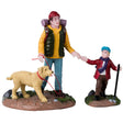 Resin figurines for a Lemax Village display. Designed to look like a man hiking with his young son and dog. The ground features dirt, bits of grass and rocks.
