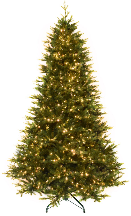Artificial tree pre-lit with warm white starry LED lights.