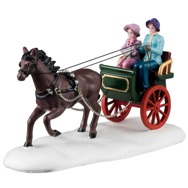 Resin figurine for a Lemax display. Designed to look like a mom and a daughter riding in a carriage pulled by a brown horse. They're both wearing winter clothes and the ground is covered in snow.