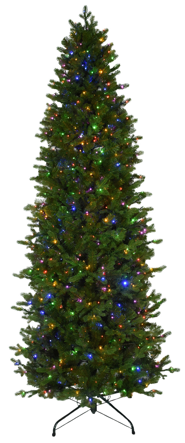 Artificial noble fir tree pre-lit with 750 starry LED lights. The lights can change from warm white to multi-colored.