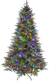 Artificial tree pre-lit with multi-colored, starry LED lights.