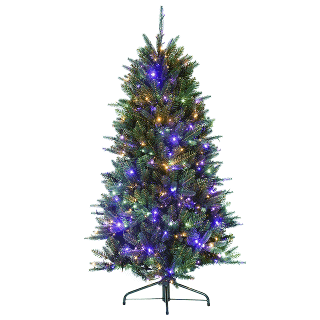 Artificial Christmas tree pre-lit with color-changing LED lights.