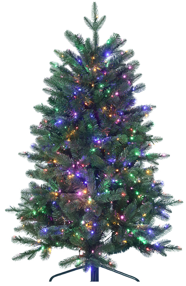 Artificial Christmas tree pre-lit with color-changing LED lights.