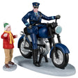 Resin figurines for a Lemax Village display. Designed to look like a uniformed police officer on a motorcycle chatting with a young child wearing winter clothes.