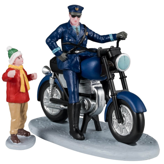 Resin figurines for a Lemax Village display. Designed to look like a uniformed police officer on a motorcycle chatting with a young child wearing winter clothes.