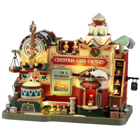 Resin lighted building for a Lemax display. Designed to look like an animated cake factory. A detailed, whimsical model of a "Christmas Cake Factory" with bright lights and animated figures depicting various festive baking activities. This resin lighted building captures the holiday spirit beautifully.