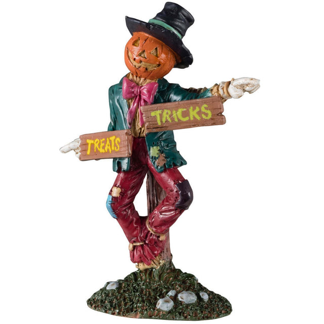 Resin figurine for a Lemax display. Designed to look like a scarecrow with a pumpkin head pointing in two different directions. There are signs that read "Treats" and a sign that reads "Tricks."
