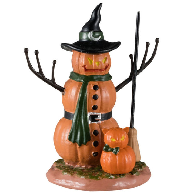 Resin village accent for a Lemax display. Designed to look like a snowman made of pumpkins. He has a green scarf and a black witch hat. There's a small cat made of pumpkins.