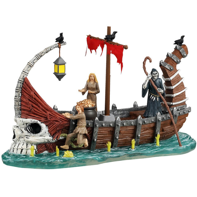 Resin table accent for a Lemax display. Designed to look like a very spooky Viking ship being driven by the Grim Reaper. There are crows and a tattered red sail. There are two people surprised to see the monster in the water. There's a pot of gold on board. The front of the ship looks like a skull.