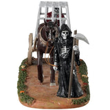 Resin figurine for a Lemax display. Designed to look like the Grim Reaper leading a horse carrying a cage with a skeleton inside.
