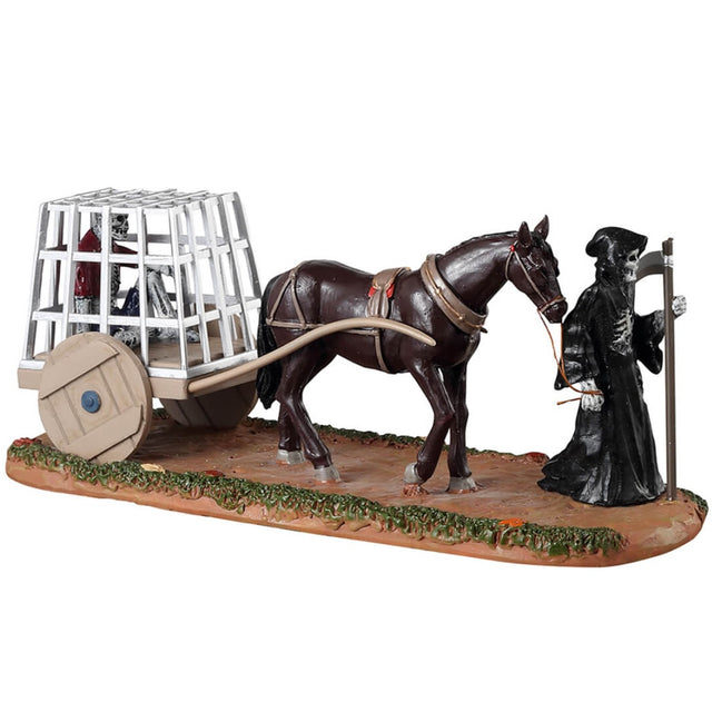 Resin figurine for a Lemax display. Designed to look like the Grim Reaper leading a horse carrying a cage with a skeleton inside.