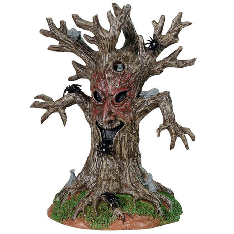 Plastic table piece for a Lemax display. Designed to look like a spooky tree with a face. There are spiders and rats all over it.