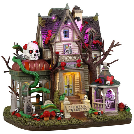 Resin lighted building for a Lemax display. Designed to look like a semi-rundown mansion. There are snakes everywhere and a large sugar skull statue on the roof. There's a gazebo with a skeleton couple hugging inside. There are flowers and skulls and tombstones and a skeleton standing on the balcony.