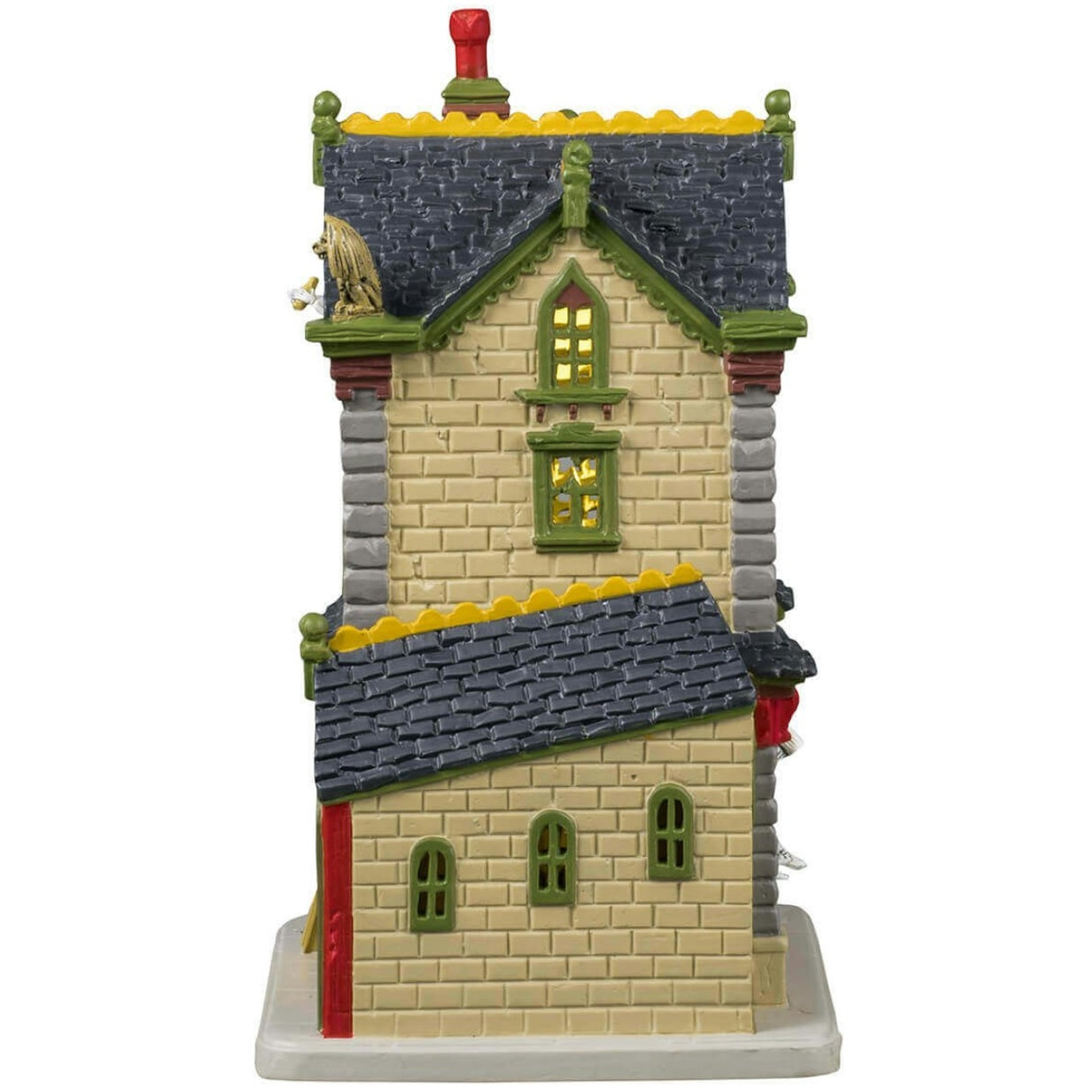 Porcelain lighted building for a Lemax display. Designed to look like a yellow-ish tan and gray brick two story tavern. Inside the window, you can see people enjoying a drink. The windows have red shutters. There are gargoyle statues on the roof and skeleton accents everywhere.