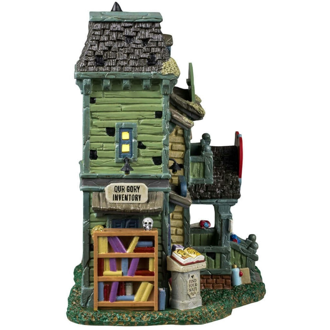 Porcelain lighted building for a Lemax display. Designed to look like light green three story building with moss growing on the roof. The top sign reads "OVER 200 CLIENTS! FROM GNOMES TO GIANTS!" The sign above the front door is shaped like a heart and reads "HAUNTED ATTRACTION. MONSTER MATCHMAKING AGENCY." There are two monsters on a date on the side of the building.