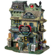 Porcelain lighted building for a Lemax display. Designed to look like light green three story building with moss growing on the roof. The top sign reads "OVER 200 CLIENTS! FROM GNOMES TO GIANTS!" The sign above the front door is shaped like a heart and reads "HAUNTED ATTRACTION. MONSTER MATCHMAKING AGENCY." There are two monsters on a date on the side of the building.