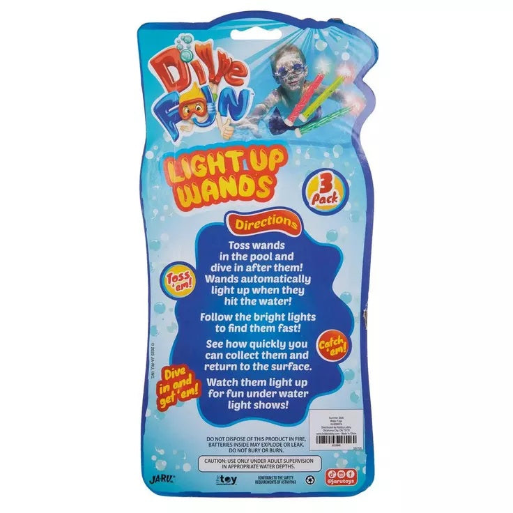 This image shows the back of the packaging for these wands. It reads "Dive Fun. Light up wands. 3 pack. Directions: Toss wands in the pool and dive in after them! Wands automatically light up when they hit the water. Follow the bright lights to find them fast! See how quickly you can collect them and return to the surface. Watch them light up for fun underwater light shows!"