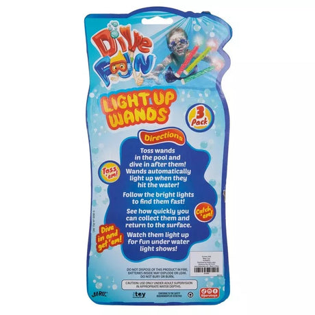 This image shows the back of the packaging for these wands. It reads "Dive Fun. Light up wands. 3 pack. Directions: Toss wands in the pool and dive in after them! Wands automatically light up when they hit the water. Follow the bright lights to find them fast! See how quickly you can collect them and return to the surface. Watch them light up for fun underwater light shows!"