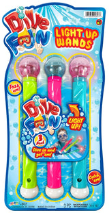 This image shows the packaging that these diving sticks come in. It reads "Dive fun. Light up wands. Toss 'em! Catch 'em!"