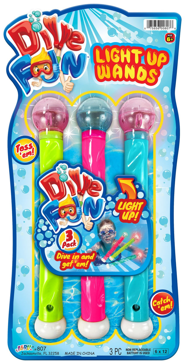 This image shows the packaging that these diving sticks come in. It reads "Dive fun. Light up wands. Toss 'em! Catch 'em!"