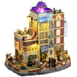 Resin lighted building for a Lemax display. Designed to look like a parking garage attached to a hotel. There's a pool on top of the garage with a monster's tentacle sticking out. The right side of the hotel is designed to look like an elevator. There's luggage all over the place.