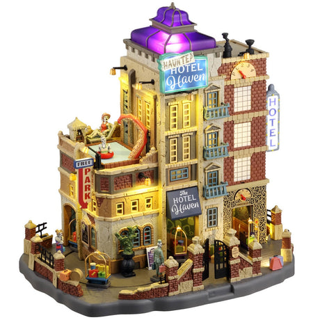 Resin lighted building for a Lemax display. Designed to look like a parking garage attached to a hotel. There's a pool on top of the garage with a monster's tentacle sticking out. The right side of the hotel is designed to look like an elevator. There's luggage all over the place.
