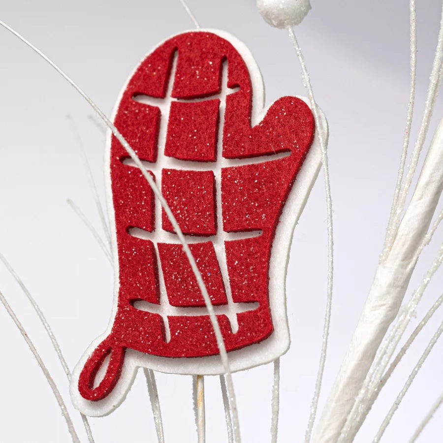 This is an up close view of the red and white oven mitt.