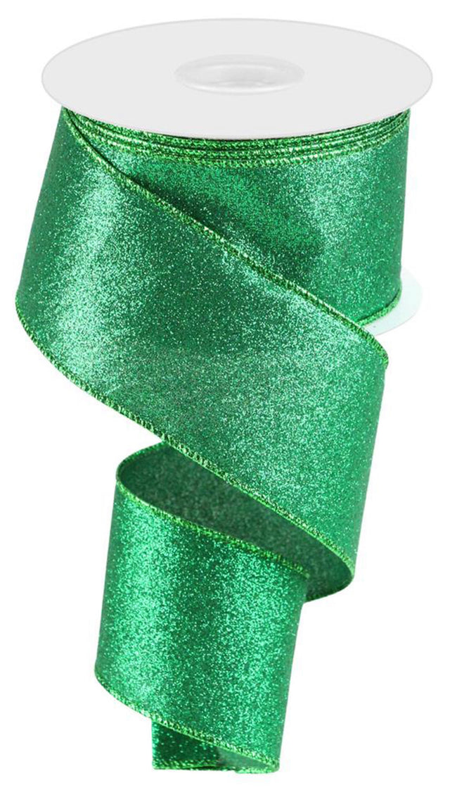 Emerald green ribbon with emerald green glitter on it.